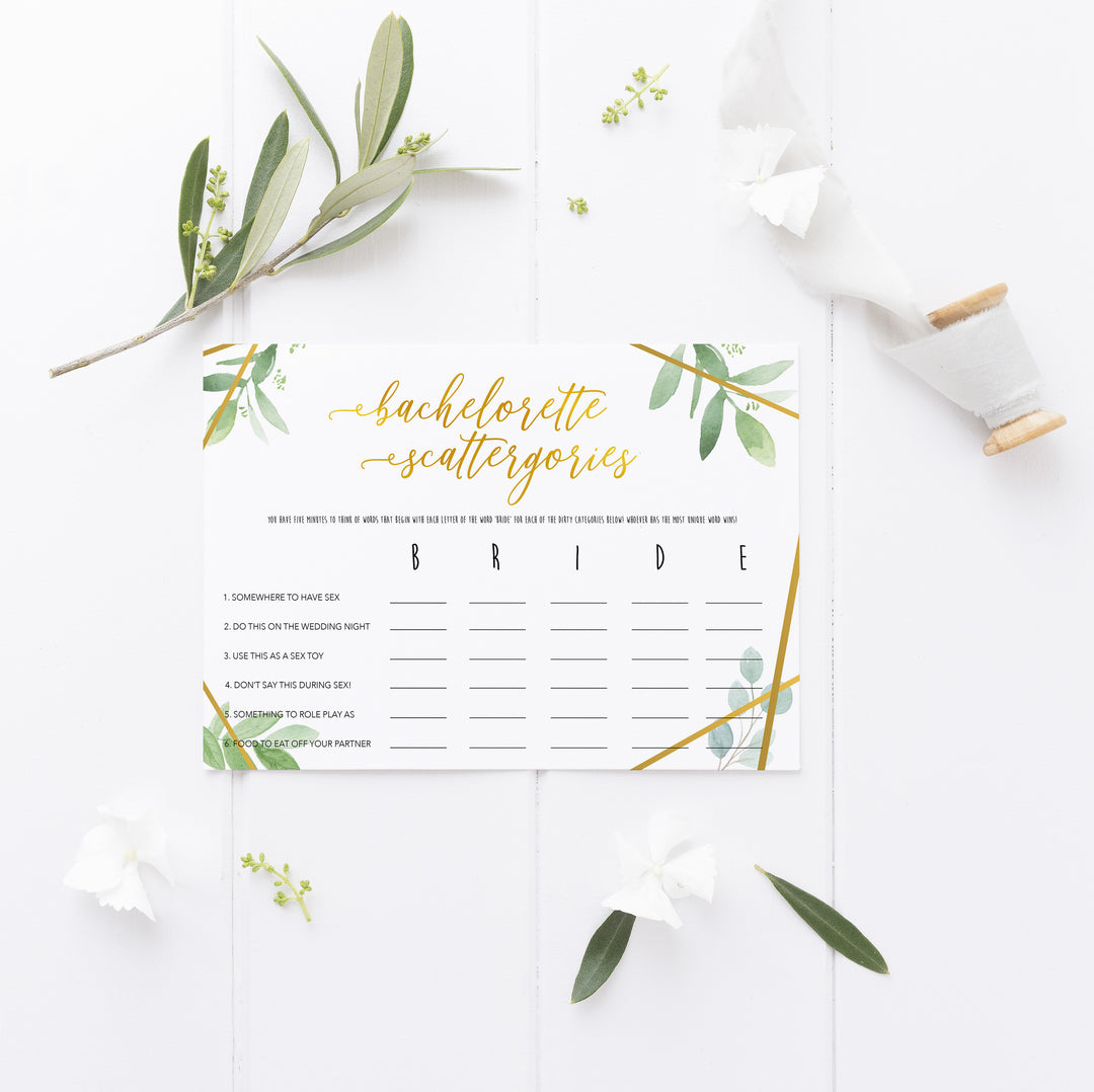 Dirty Bachelorette Scattergories - Gold Greenery