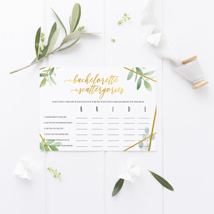 Dirty Bachelorette Scattergories - Gold Greenery