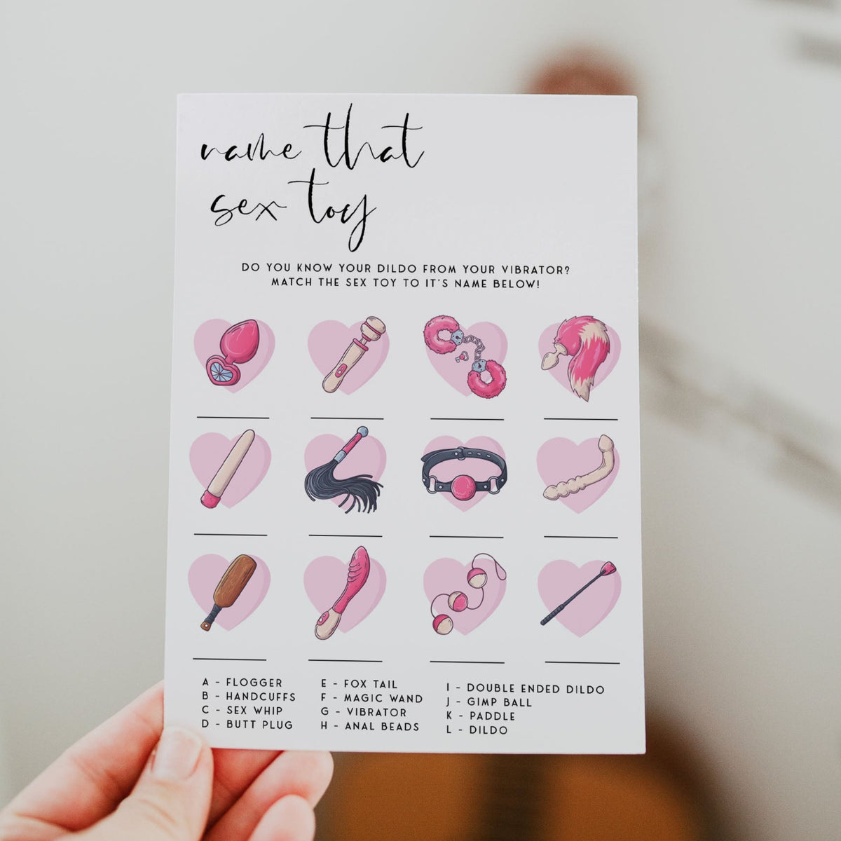 Fully editable and printable bridal shower guess the sex toy game with a modern minimalist design. Perfect for a modern simple bridal shower themed party