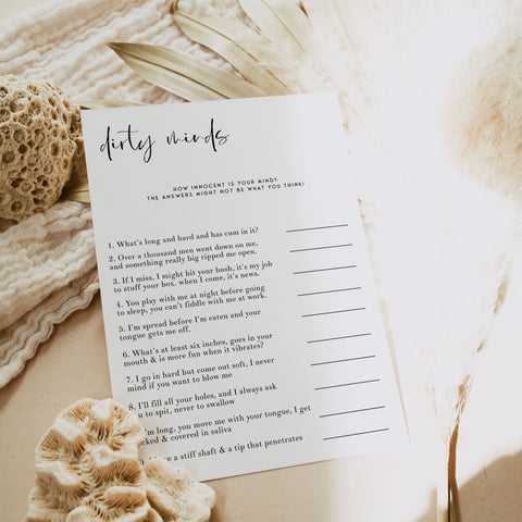 Fully editable and printable bridal shower dirty minds game with a modern minimalist design. Perfect for a modern simple bridal shower themed party