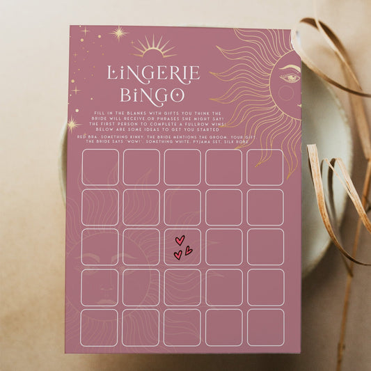 Fully editable and printable bridal shower lingerie bingo game with a celestial design. Perfect for a celestial bridal shower themed party