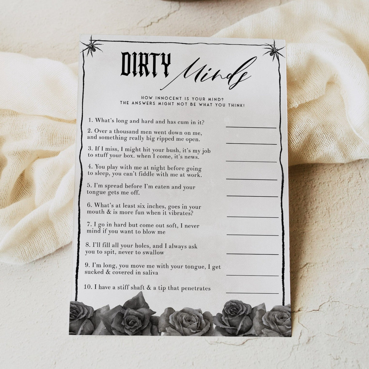 Fully editable and printable bridal shower dirty minds game with a gothic design. Perfect for a Bride or Die or Death Us To Party bridal shower themed party
