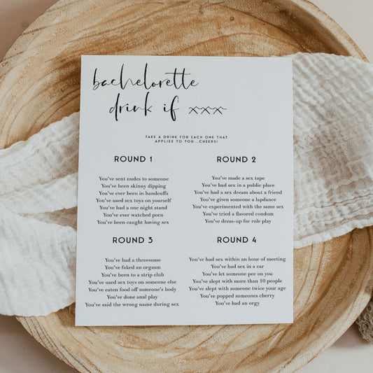 Fully editable and printable bridal shower dirty bachelorette drink if game with a modern minimalist design. Perfect for a modern simple bridal shower themed party