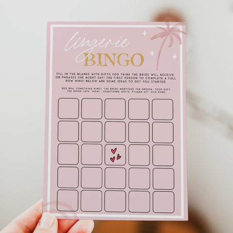 Fully editable and printable bridal shower lingerie bingo game with a Palm Springs design. Perfect for a Palm Springs bridal shower themed party