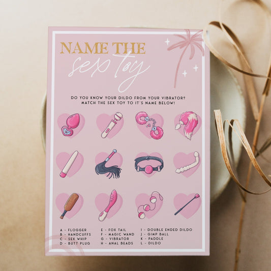 Fully editable and printable bridal shower name the sex toys game with a Palm Springs design. Perfect for a Palm Springs bridal shower themed party