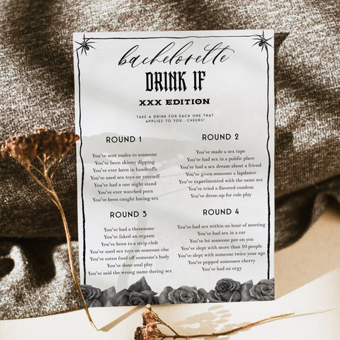 Fully editable and printable bridal shower bachelorette drink if adult game with a gothic design. Perfect for a Bride or Die or Death Us To Party bridal shower themed party