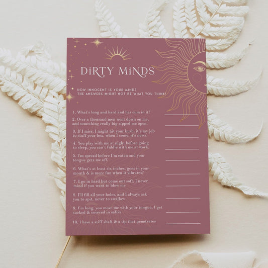 Fully editable and printable bridal shower dirty minds game with a celestial design. Perfect for a celestial bridal shower themed party
