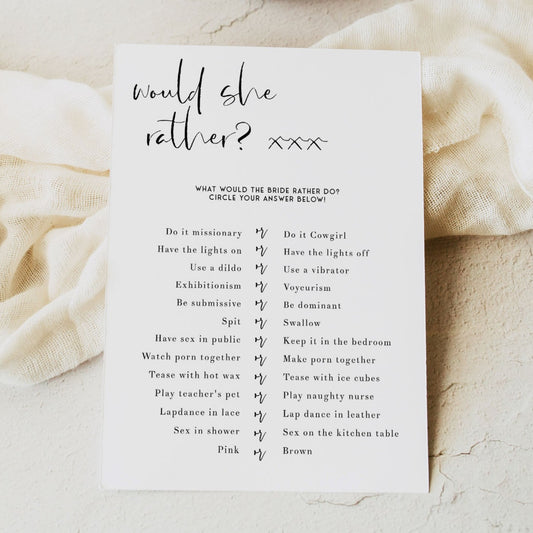 Fully editable and printable bridal shower dirty would she rather game with a modern minimalist design. Perfect for a modern simple bridal shower themed party