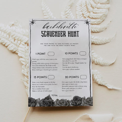 Fully editable and printable bridal shower bachelorette scavenger hunt game with a gothic design. Perfect for a Bride or Die or Death Us To Party bridal shower themed party