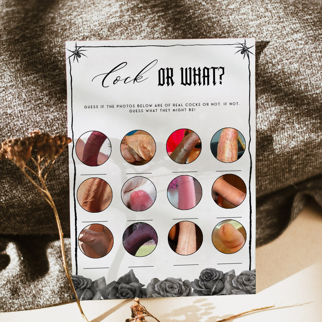 Fully editable and printable bridal shower cock or what game with a gothic design. Perfect for a Bride or Die or Death Us To Party bridal shower themed party