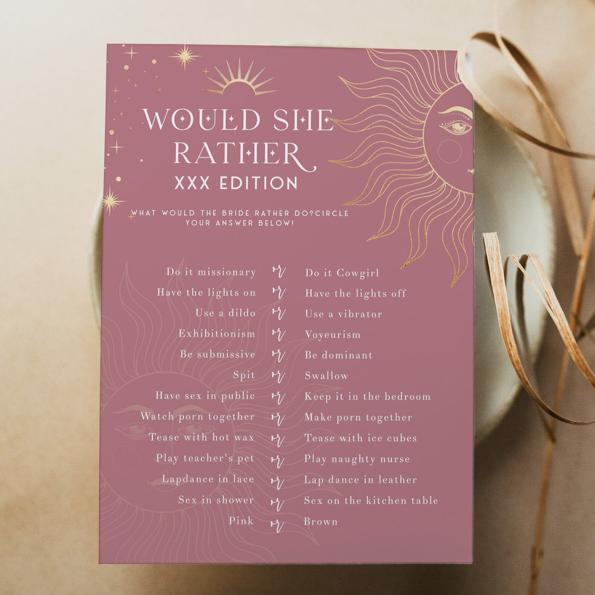 Fully editable and printable bridal shower dirty would she rather game with a celestial design. Perfect for a celestial bridal shower themed party