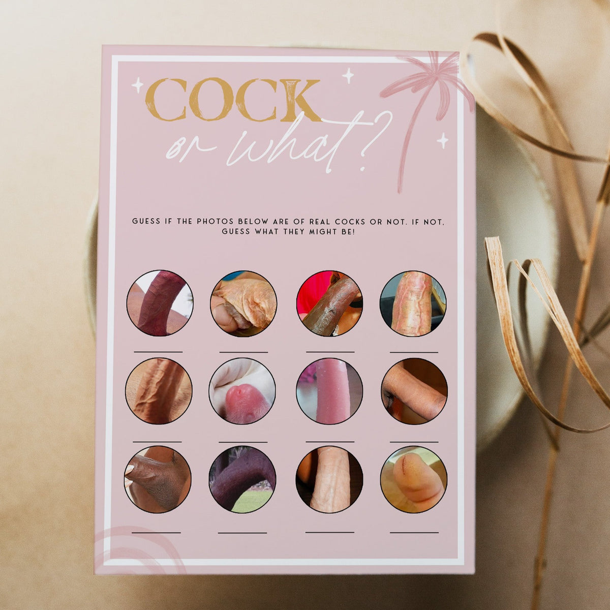 Fully editable and printable bridal shower cock or what game with a Palm Springs design. Perfect for a Palm Springs bridal shower themed party