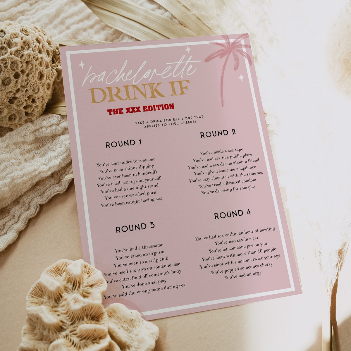 Fully editable and printable bridal shower dirty bachelorette drink if game with a Palm Springs design. Perfect for a Palm Springs bridal shower themed party