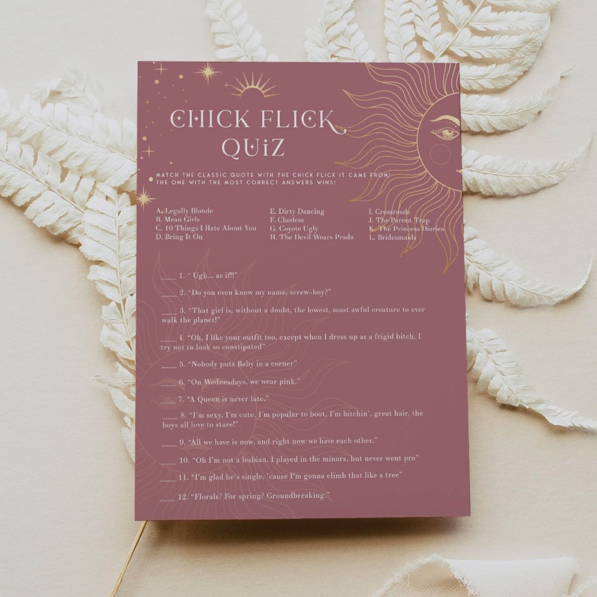 Fully editable and printable bridal shower chick flick quiz game with a celestial design. Perfect for a celestial bridal shower themed party