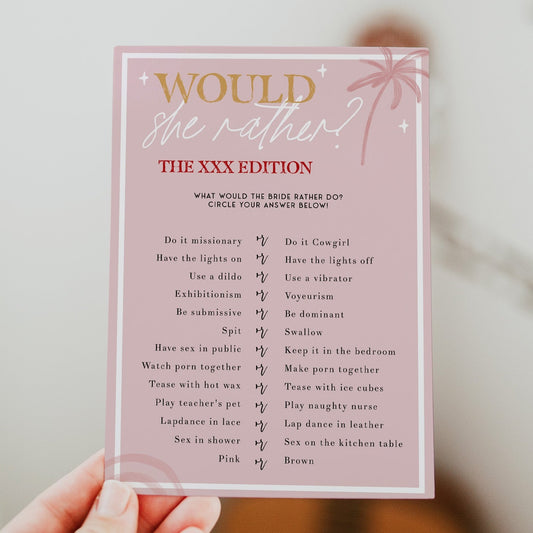 Fully editable and printable bridal shower dirty would she rather game with a Palm Springs design. Perfect for a Palm Springs bridal shower themed party