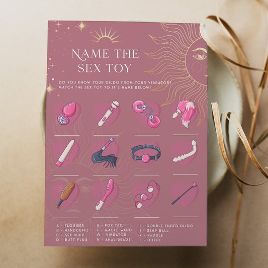 Fully editable and printable bridal shower name the sex toy game with a celestial design. Perfect for a celestial bridal shower themed party