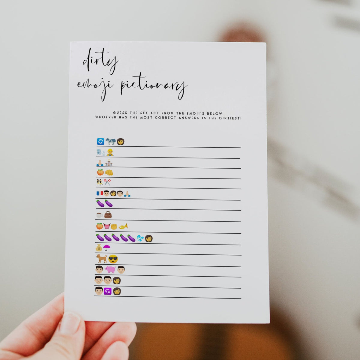 Fully editable and printable bridal shower dirty emoji pictionary game with a modern minimalist design. Perfect for a modern simple bridal shower themed party
