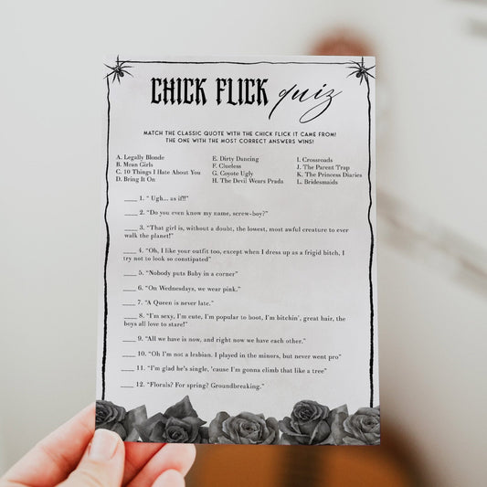 Fully editable and printable bridal shower chick flick quiz game with a gothic design. Perfect for a Bride or Die or Death Us To Party bridal shower themed party