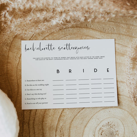 Fully editable and printable bachelorette scattergories game with a modern minimalist design. Perfect for a modern simple bridal shower themed party