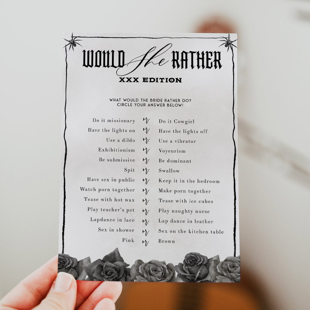 Fully editable and printable bridal shower dirty would she rather game with a gothic design. Perfect for a Bride or Die or Death Us To Party bridal shower themed party
