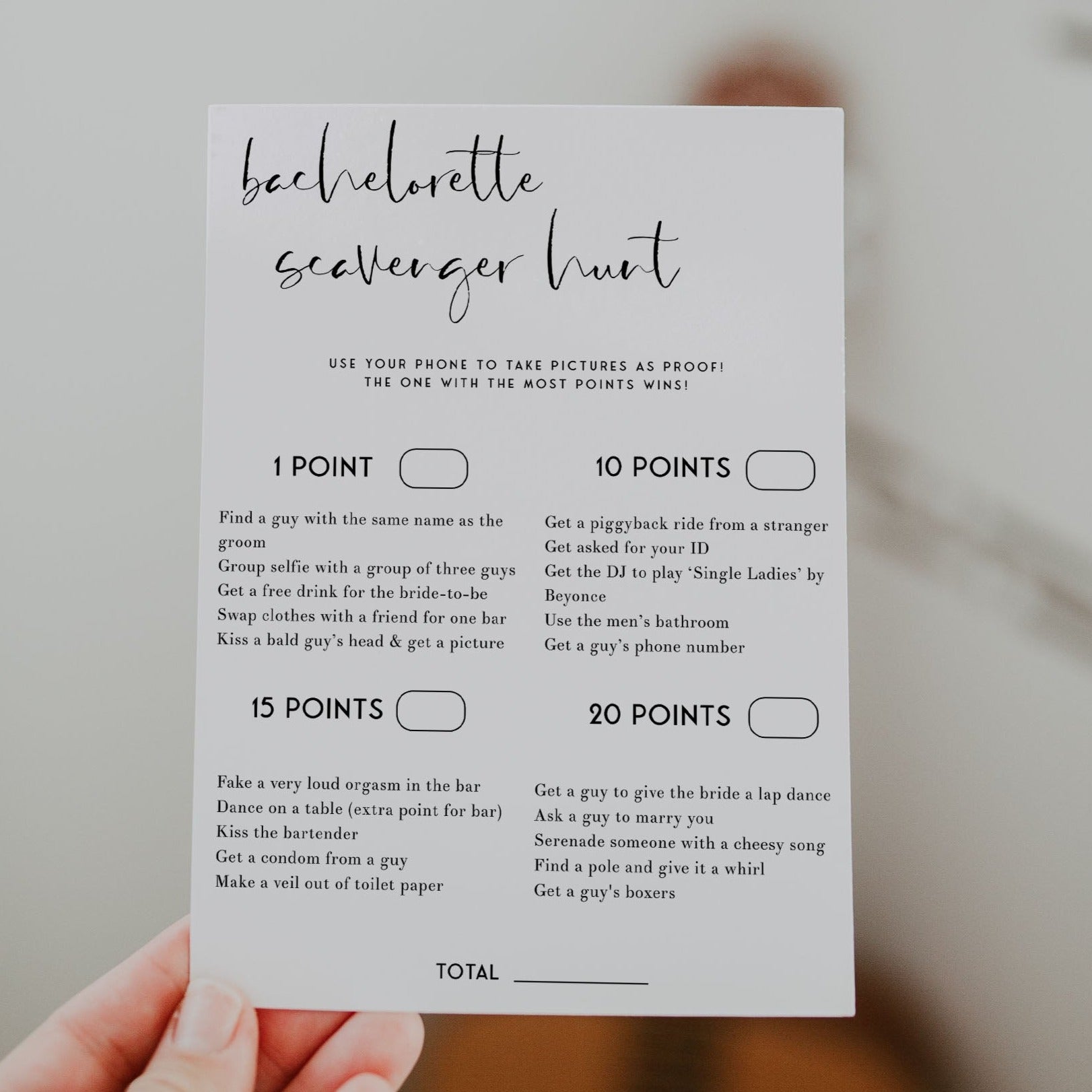 Fully editable and printable bachelorette scavenger hunt games with a modern minimalist design. Perfect for a modern simple bridal shower themed party