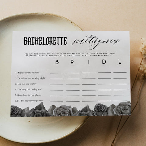 Fully editable and printable bridal shower bachelorette scattergories game with a gothic design. Perfect for a Bride or Die or Death Us To Party bridal shower themed party