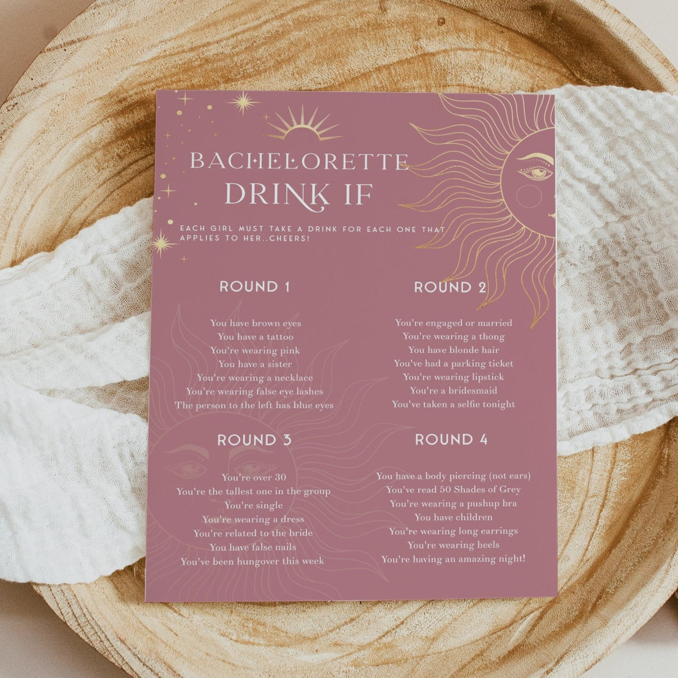 Fully editable and printable bachelorette drink if game with a celestial design. Perfect for a celestial bridal shower themed party