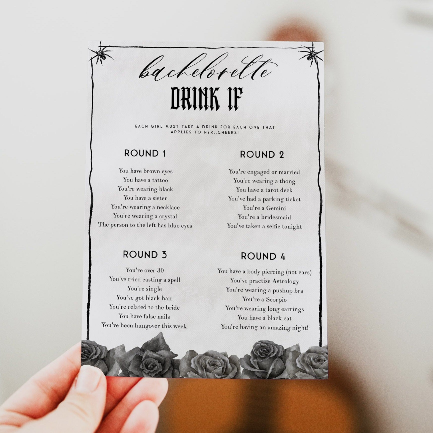 Fully editable and printable bridal shower bachelorette Drink If game with a gothic design. Perfect for a Bride or Die or Death Us To Party bridal shower themed party