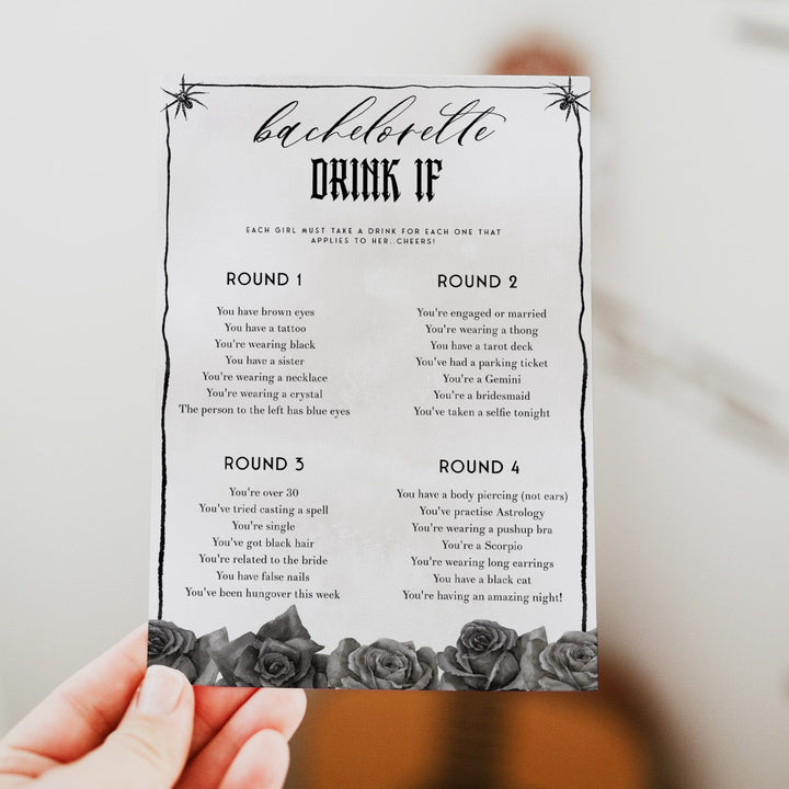 Fully editable and printable bridal shower bachelorette Drink If game with a gothic design. Perfect for a Bride or Die or Death Us To Party bridal shower themed party