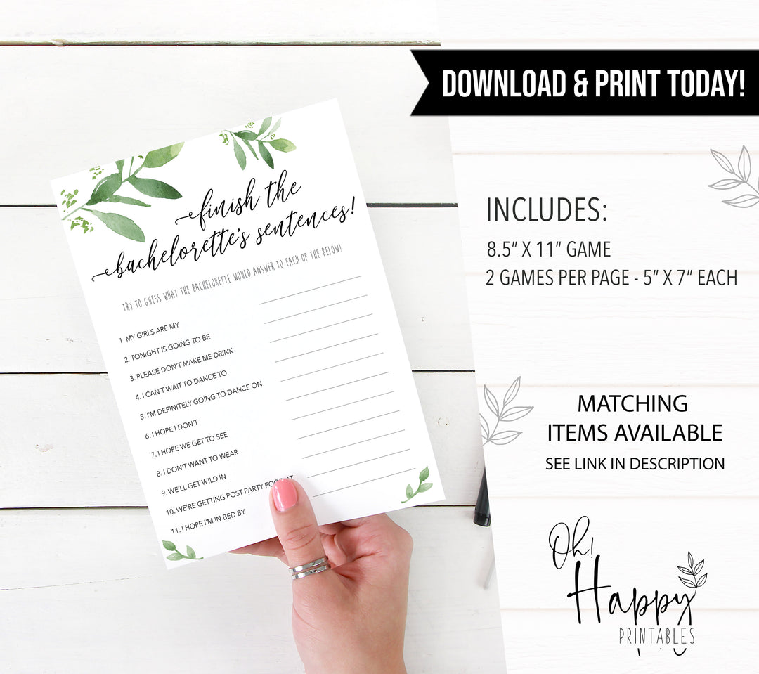 finish bachelorette sentences game, greenery bridal shower, fun bridal shower games, bachelorette party games, floral bridal games, hen party ideas