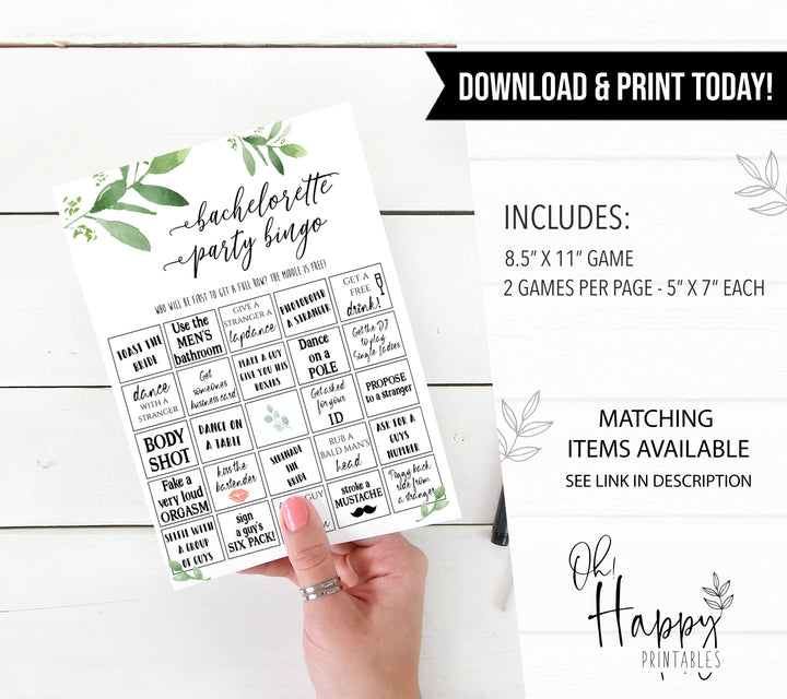 bachelorette bingo game, greenery bridal shower, fun bridal shower games, bachelorette party games, floral bridal games, hen party ideas