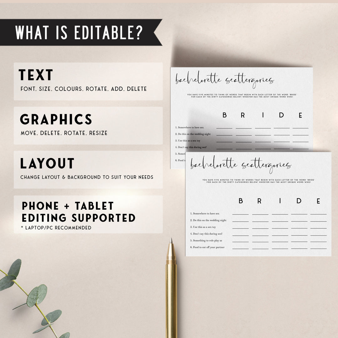 Fully editable and printable bachelorette scattergories game with a modern minimalist design. Perfect for a modern simple bridal shower themed party