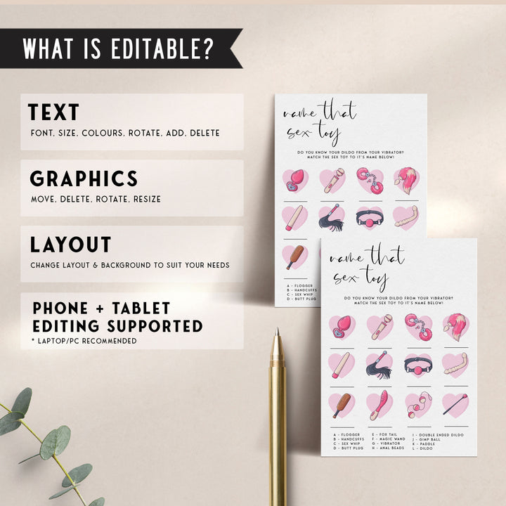 Fully editable and printable bridal shower guess the sex toy game with a modern minimalist design. Perfect for a modern simple bridal shower themed party