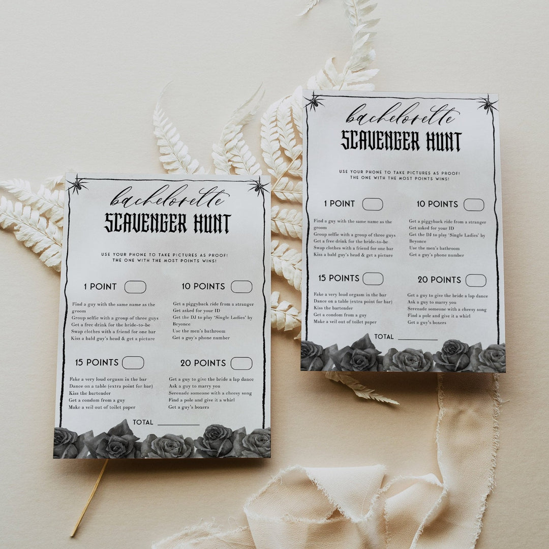 Fully editable and printable bridal shower bachelorette scavenger hunt game with a gothic design. Perfect for a Bride or Die or Death Us To Party bridal shower themed party
