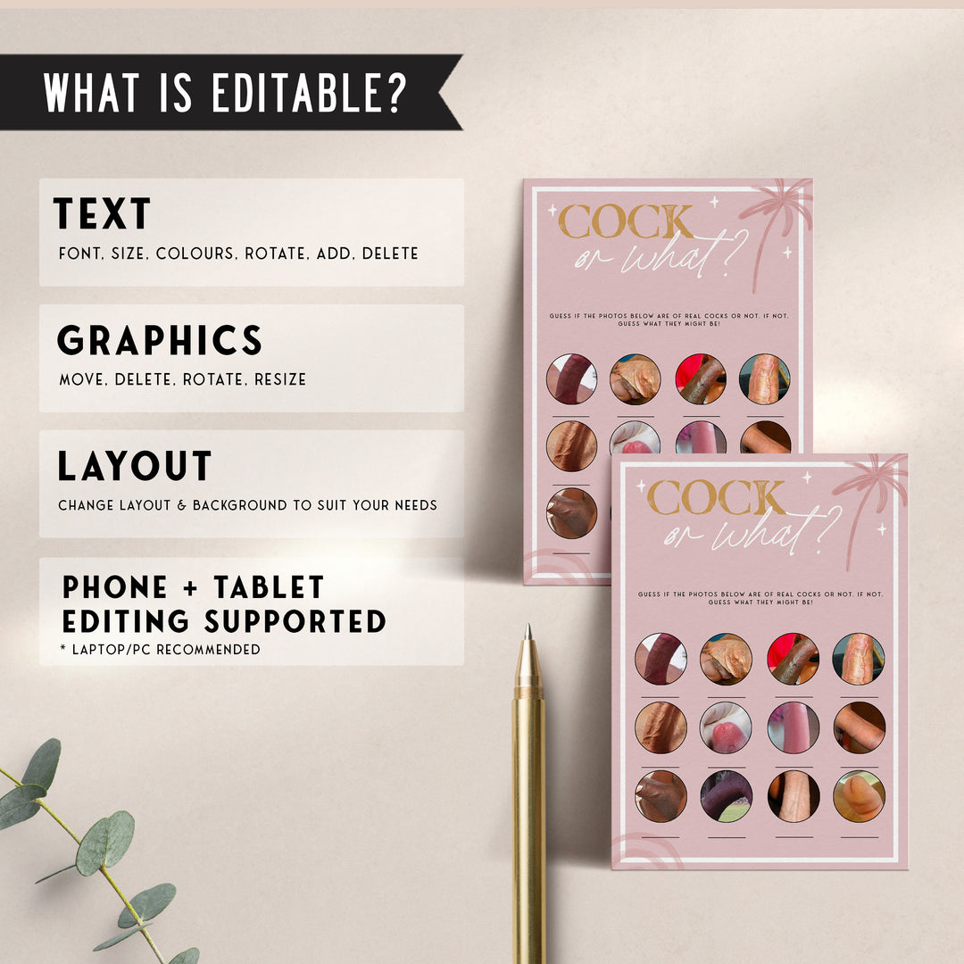 Fully editable and printable bridal shower cock or what game with a Palm Springs design. Perfect for a Palm Springs bridal shower themed party