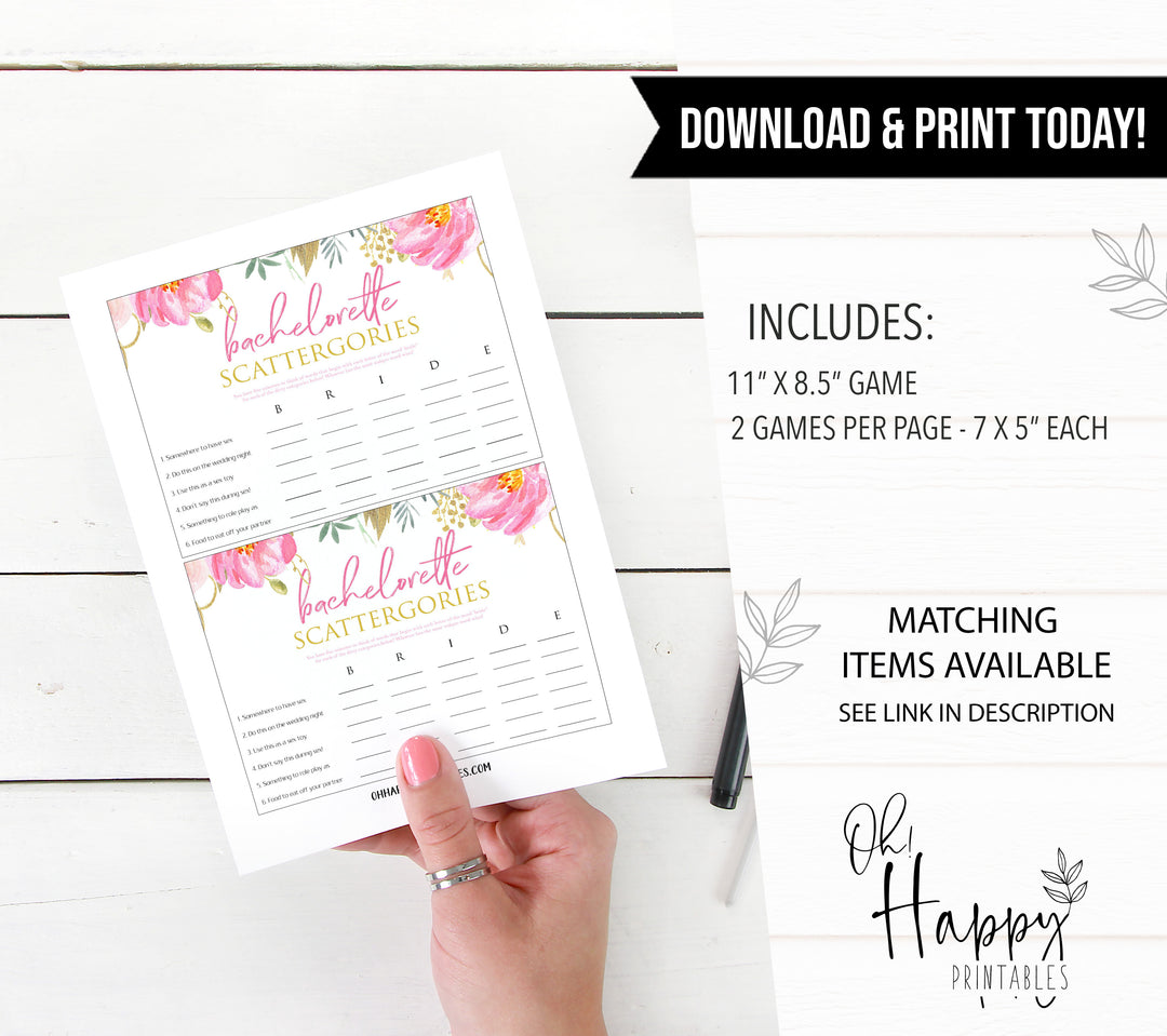 bachelorette scattergories game, dirty minds game, dirty little secrets game, dirty emoji pictionary game, date night jar, printable bridal shower games, blush floral bridal shower games, fun bridal shower games
