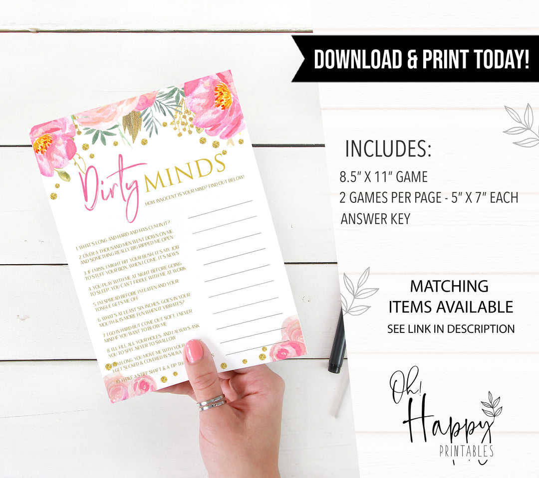 dirty minds game, dirty little secrets game, dirty emoji pictionary game, date night jar, printable bridal shower games, blush floral bridal shower games, fun bridal shower games