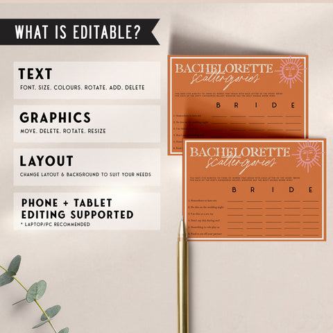 Fully editable and printable bridal shower bachelorette scattergories game with a Palm Springs design. Perfect for a Palm Springs bridal shower themed party