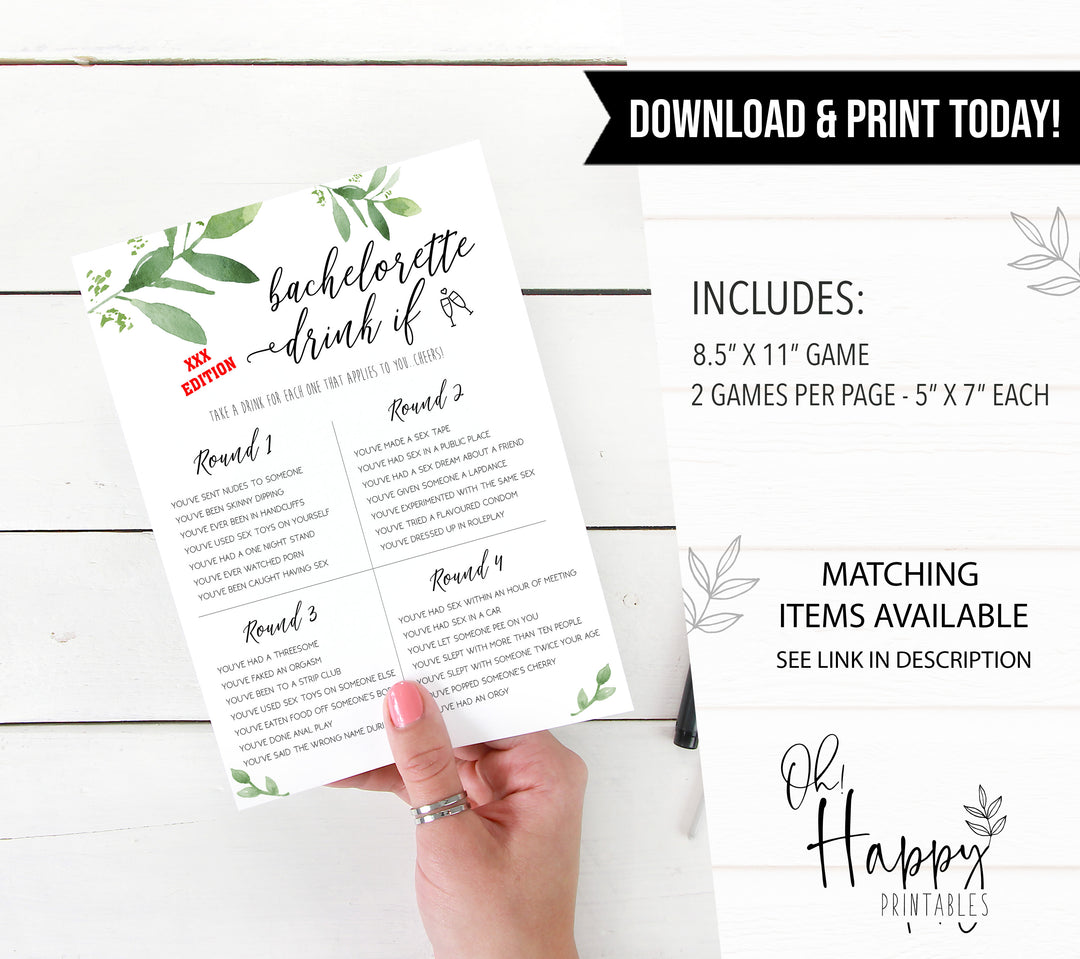 bachelorette drink if game, greenery bridal shower, fun bridal shower games, bachelorette party games, floral bridal games, hen party ideas