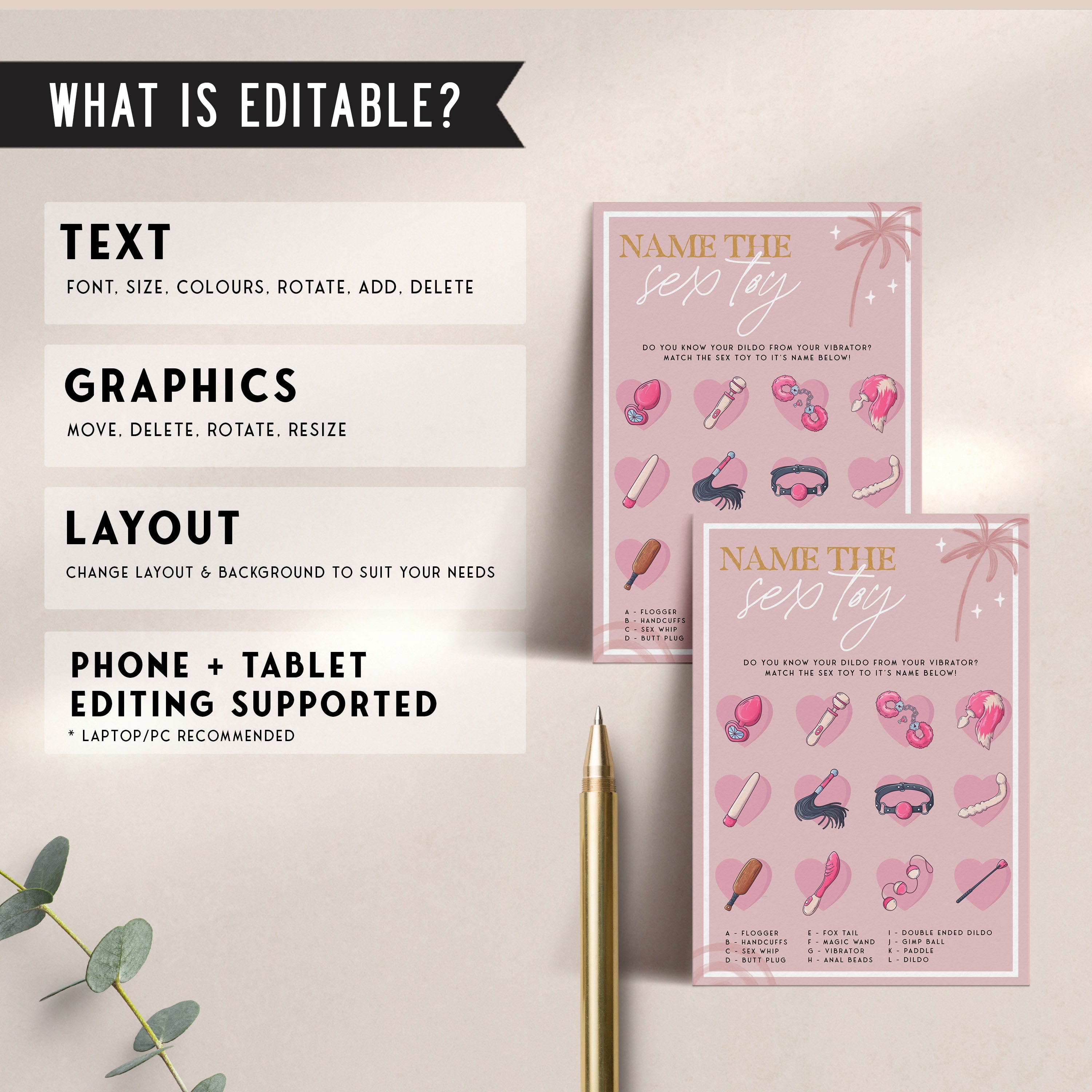 Fully editable and printable bridal shower name the sex toys game with a Palm Springs design. Perfect for a Palm Springs bridal shower themed party