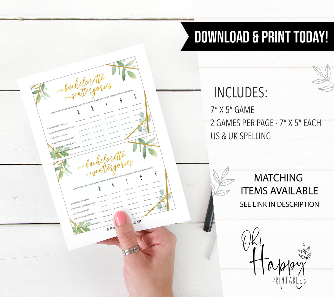 Dirty Bachelorette Scattergories - Gold Greenery