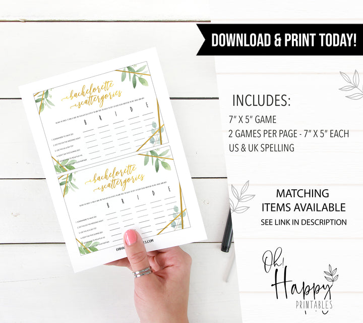 Dirty Bachelorette Scattergories - Gold Greenery
