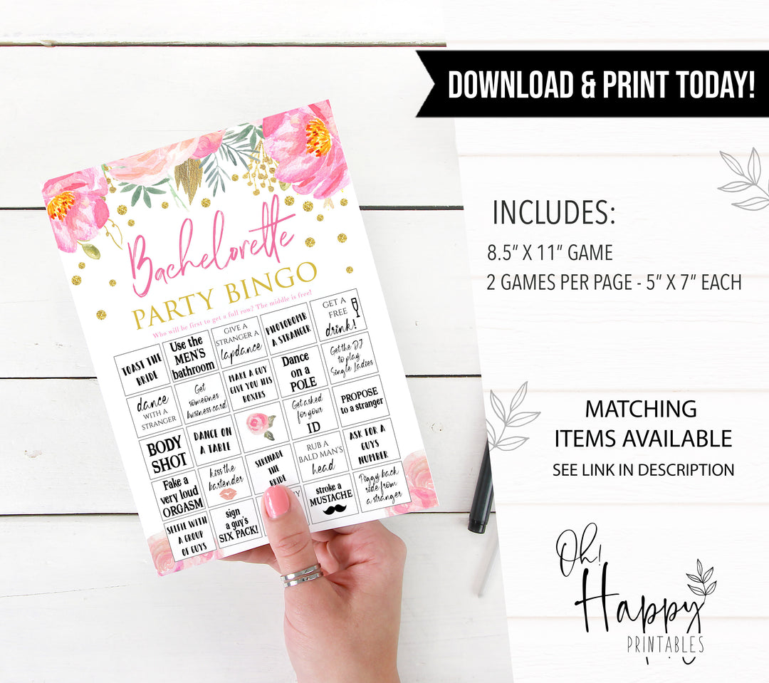 bachelorette bingo game, printable bridal shower games, blush floral bridal shower games, fun bridal shower games