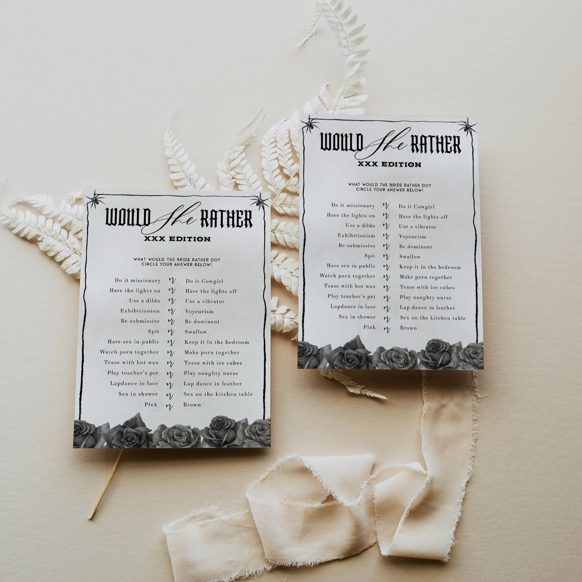 Fully editable and printable bridal shower dirty would she rather game with a gothic design. Perfect for a Bride or Die or Death Us To Party bridal shower themed party