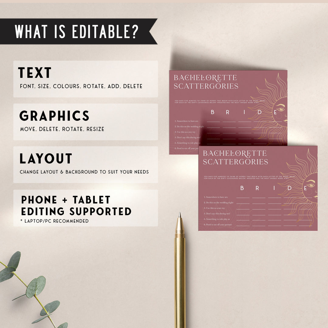 Fully editable and printable bachelorette scattergories game with a celestial design. Perfect for a celestial bridal shower themed party