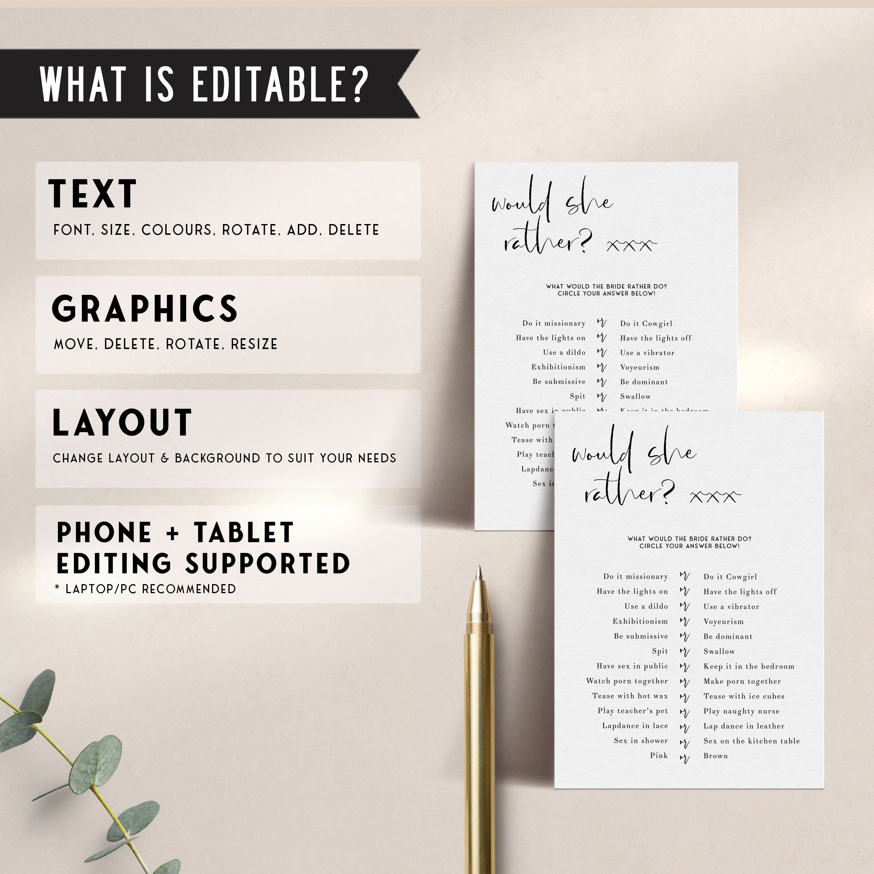 Fully editable and printable bridal shower dirty would she rather game with a modern minimalist design. Perfect for a modern simple bridal shower themed party