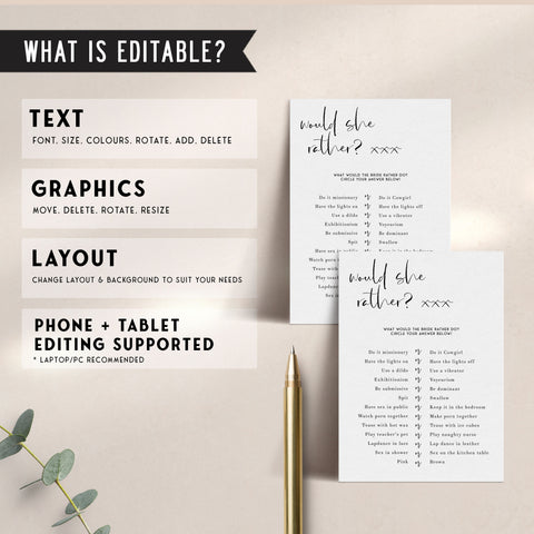 Fully editable and printable bridal shower dirty would she rather game with a modern minimalist design. Perfect for a modern simple bridal shower themed party