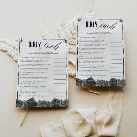 Fully editable and printable bridal shower dirty minds game with a gothic design. Perfect for a Bride or Die or Death Us To Party bridal shower themed party