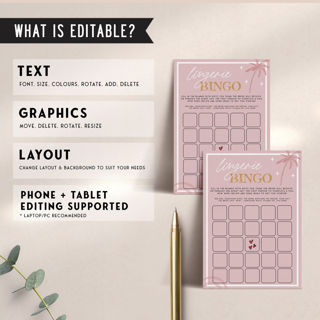 Fully editable and printable bridal shower lingerie bingo game with a Palm Springs design. Perfect for a Palm Springs bridal shower themed party