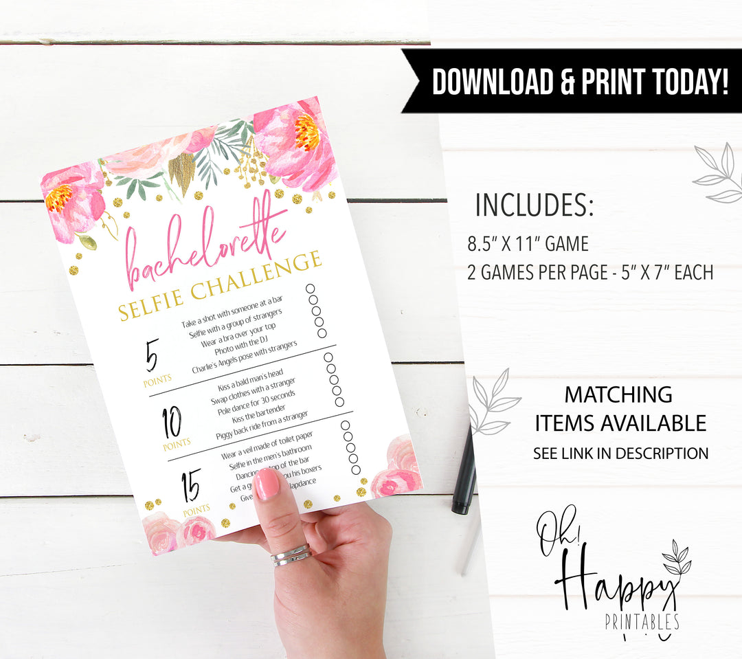 bachelorette selfie challenge, printable bridal shower games, blush floral bridal shower games, fun bridal shower games